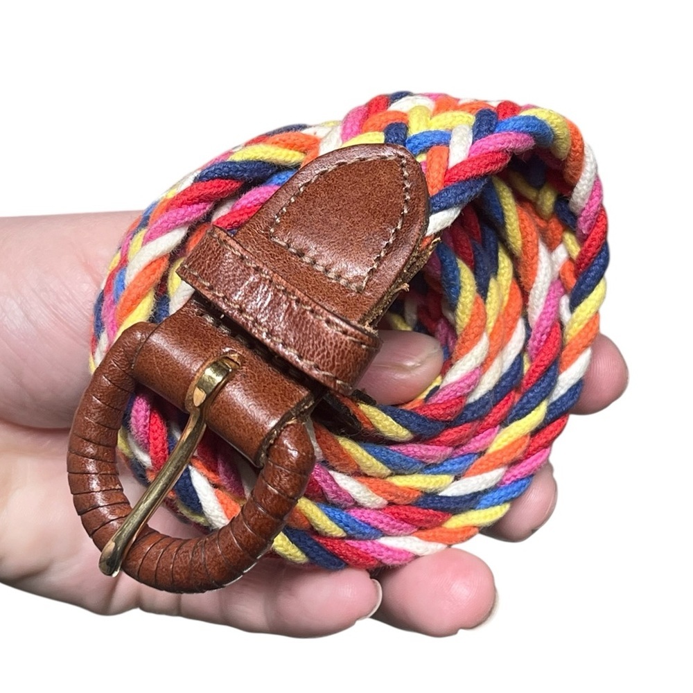 Vintage rainbow colorful braided belt with brown leather accents Made in USA